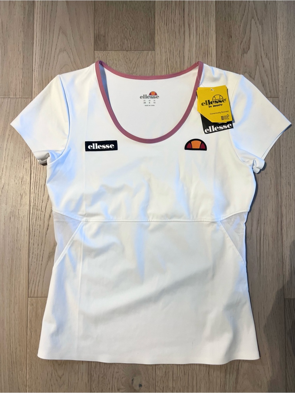 Ellesse White Short Sleeve Scoop Neck Top with Pink Trim